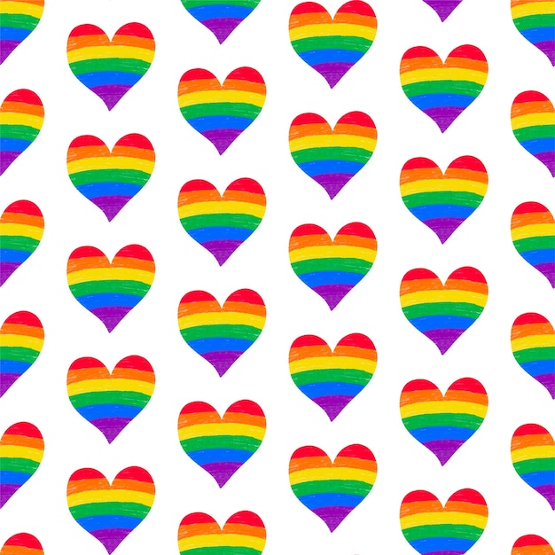 レインボーlgbtqゲイプライドフラグとのシームレスなパターンの背景は ハートの形 クレヨン鉛筆のテクスチャを着色します Lgbtの歴史月 プライド月のベクトルの背景 プレミアムベクター