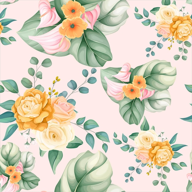 Free vector seamless pattern beautiful flower and leaves