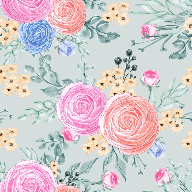 Free vector seamless pattern beautiful rose pink flower leaves