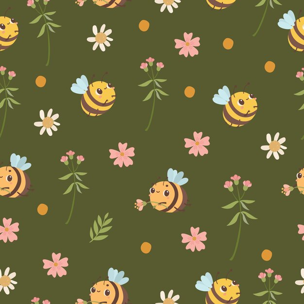 Seamless pattern bees on a green meadow