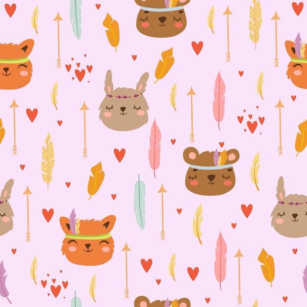 Free vector seamless pattern  boho style, with cute cartoon animals.