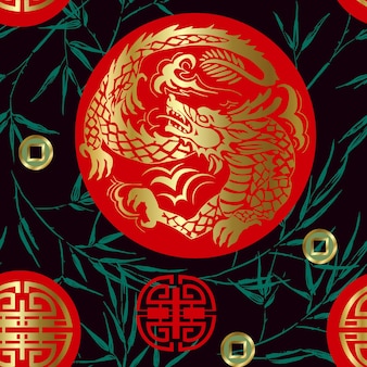 Seamless pattern in chinese style with dragon and bamboo twigs