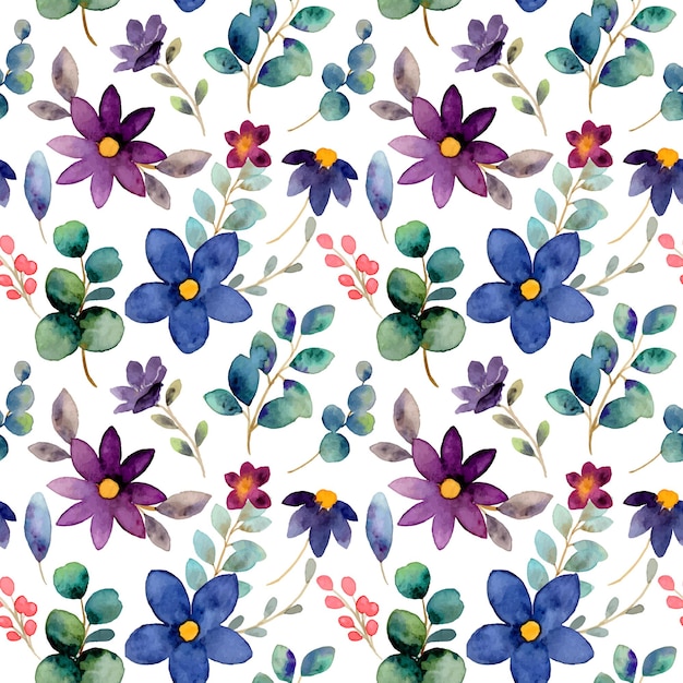 Seamless pattern of colorful watercolor flowers with eucalyptus leaves