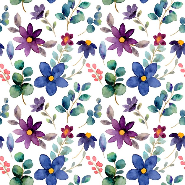 Seamless pattern of colorful watercolor flowers with eucalyptus leaves