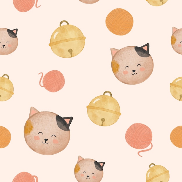 Free vector seamless pattern of cute cat and object element in watercolor painting style