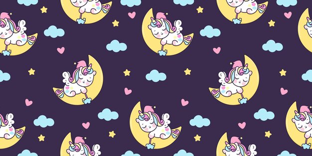 Premium Vector Seamless Pattern Cute Unicorn Pegasus Cartoon Sleep On Moon Kawaii Animal