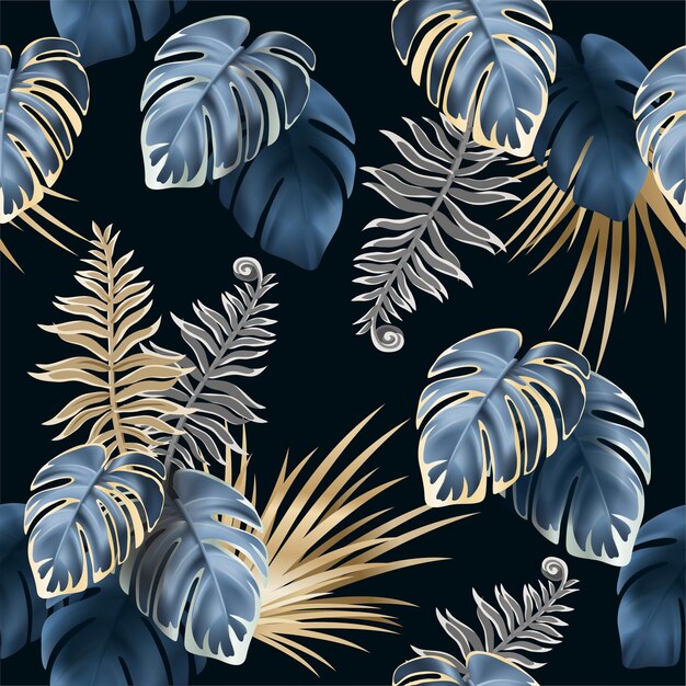 Seamless pattern dark leaves of tropic plants.