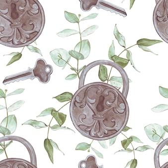 장식 열쇠와 유칼립투스 잎이 있는 헛간 자물쇠를 묘사한 매끄러운 패턴