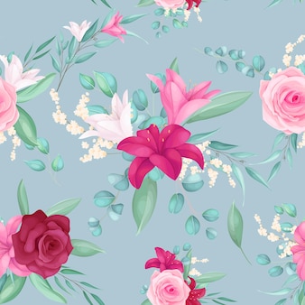 Seamless pattern design with beautiful rose and lily flower