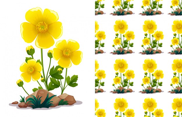 Seamless pattern design with yellow flowers and green leaves