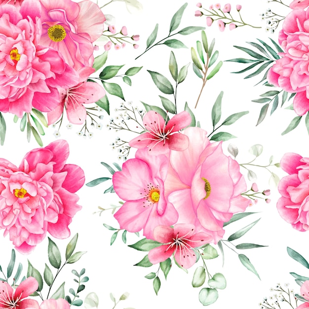 seamless pattern floral with beautiful flower and leaves watercolor