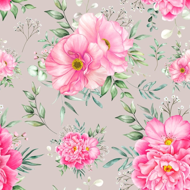 seamless pattern floral with beautiful flower and leaves watercolor