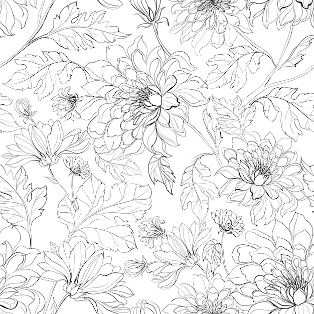Бесшовный узор из цветов хризантем на белом фоне
