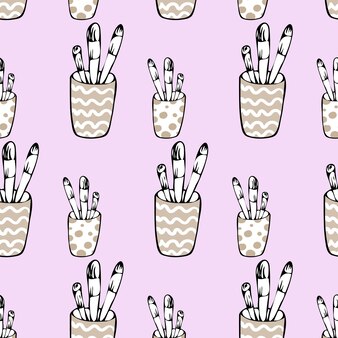 Seamless pattern of glasses with brushes and pencils doodle illustration style