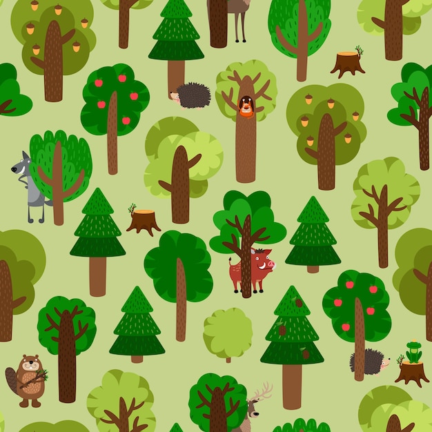 Seamless pattern of green trees with animals illustration set