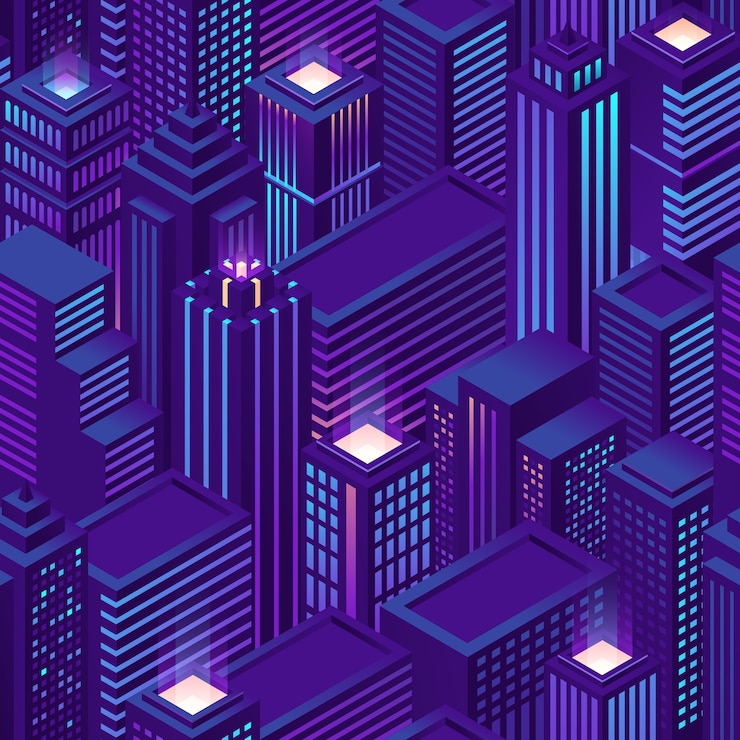Free Vector seamless pattern of isometric city with skyscrapers and office buildings at night. purple background with architecture of business houses and apartments. cityscape of modern downtown