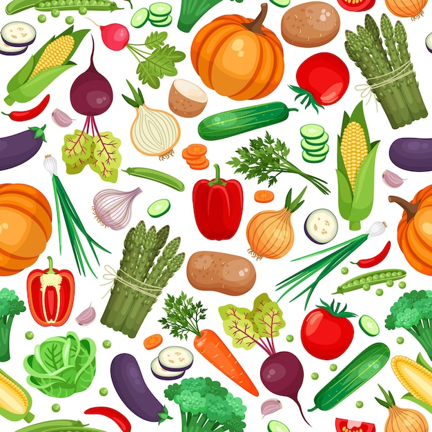 Seamless pattern of large amount of vegetables on white background