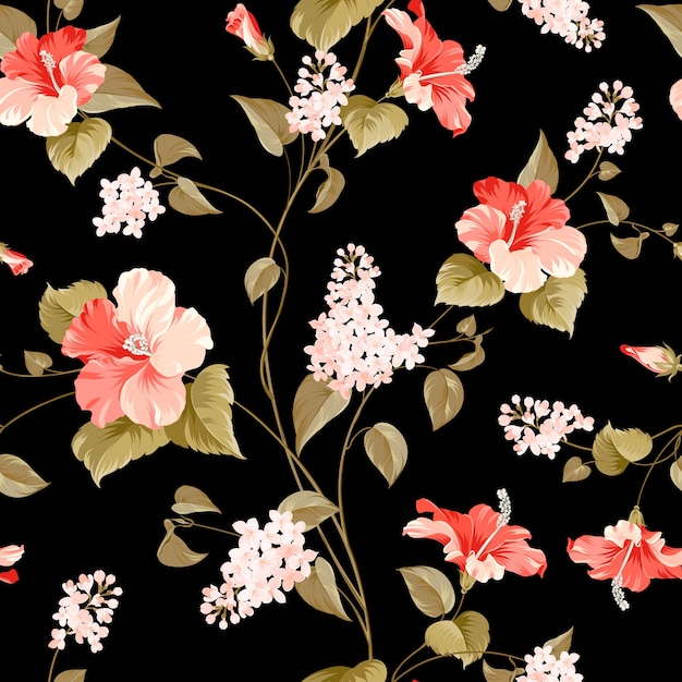 라일락과 히비스커스 꽃의 완벽 한 패턴