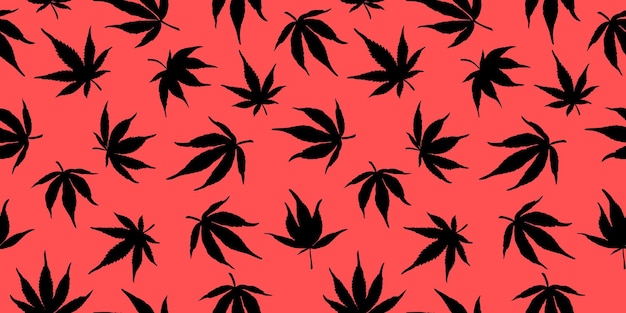 빨간색 배경에 검은 대마의 완벽 한 패턴입니다. 빨간색 배경에 마리화나 패턴입니다. 벡터 일러스트 레이 션. 섬유, 종이, 웹 디자인을 위한 현대적인 패션 대마초 패턴