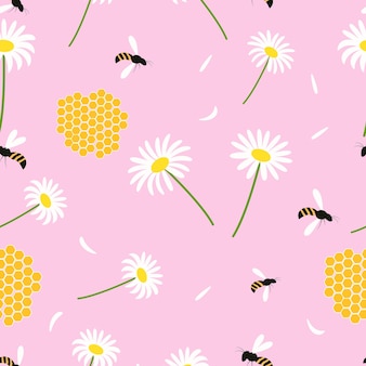 Бесшовный фон ромашки ромашки с летучей пчелой на розовом фоне