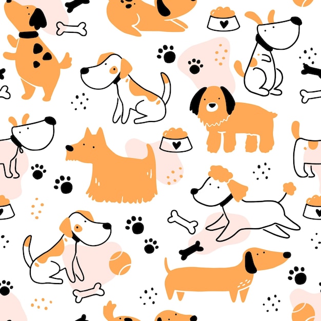かわいい犬の子犬のシンボル おもちゃ 足 足音のシームレスなパターン シンプルな形のスタイルで漫画面白いと幸せな犬のコンセプト 背景 壁紙 テキスタイル ファブリックのイラスト プレミアムベクター