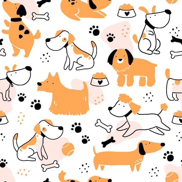 かわいい犬の子犬のシンボル おもちゃ 足 足音のシームレスなパターン シンプルな形のスタイルで漫画面白いと幸せな犬のコンセプト 背景 壁紙 テキスタイル ファブリックのイラスト プレミアムベクター