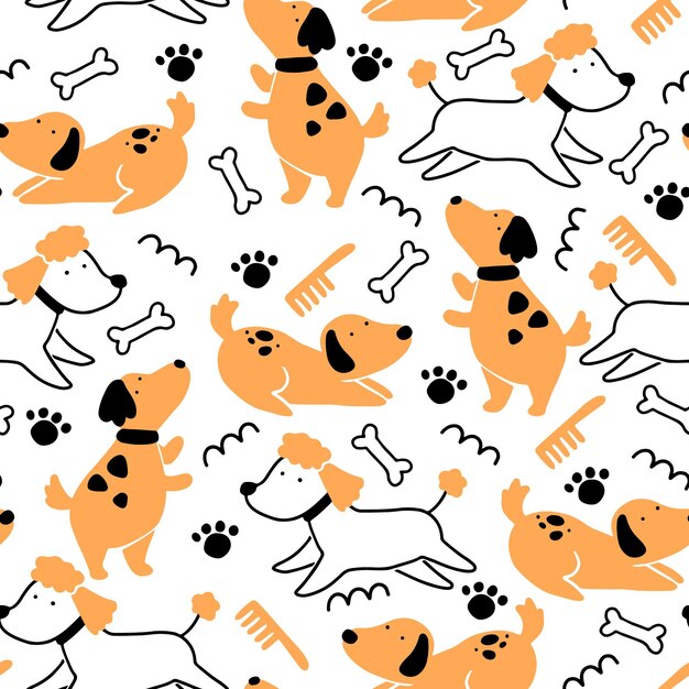 かわいい子犬と犬の混合品種のシームレスなパターン 犬種の背景 イラスト 無料のベクター