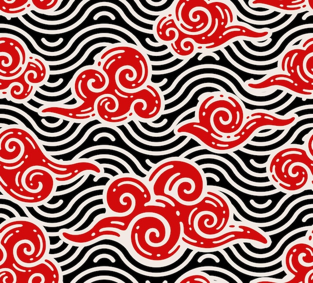 Seamless pattern of red clouds with sea ornament in doodle vintage style