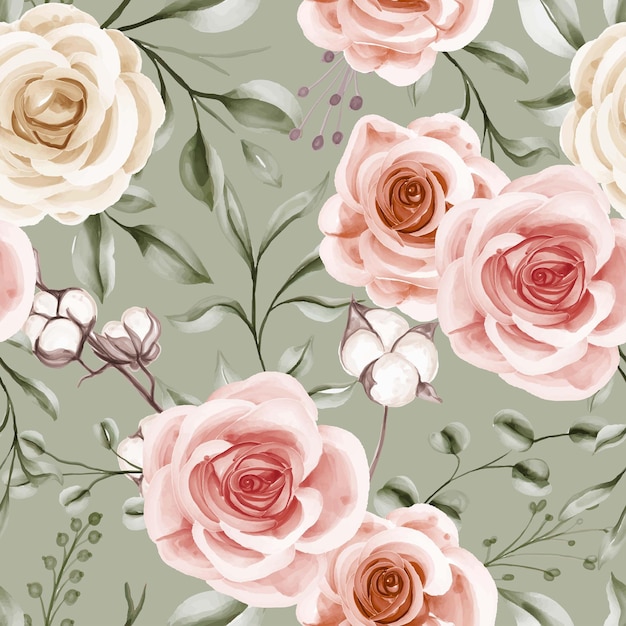 Seamless pattern soft pink peach pastel watercolor floral bohemian