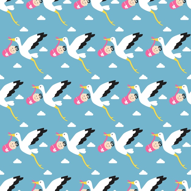 Seamless pattern stork brings the baby against the blue sky with clouds.