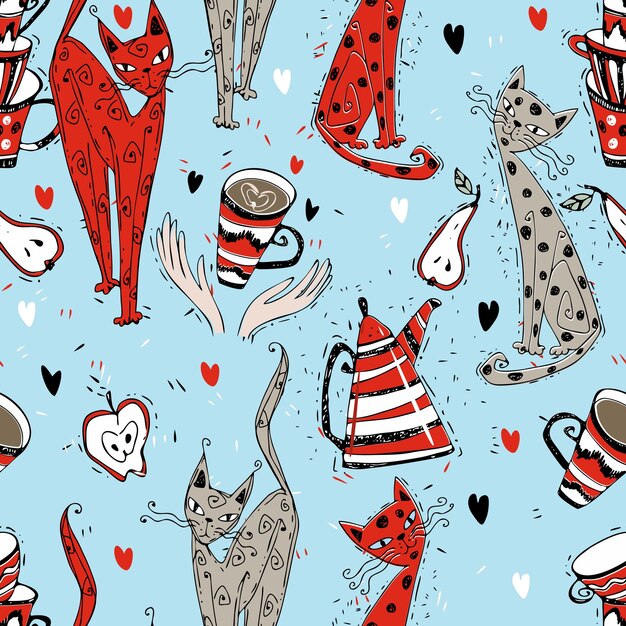 Seamless pattern on the theme of tea drinking. tea with a kettle and cats. tea time. vector.