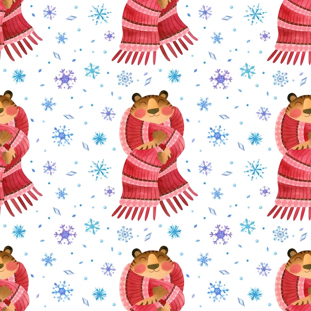 Seamless pattern  tiger is wrapped in a huge knitted scarf surrounded by falling snowflakes