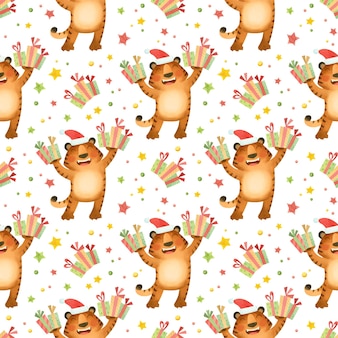 Seamless pattern tigers in a christmas hat with gifts the symbol of the new year 2022
