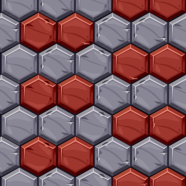 Seamless pattern of vintage stone hexagonal tiles. Textured paving background of bright geometric tiles.