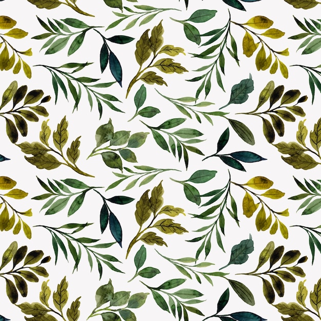 Seamless pattern of watercolor green leaves on dark background