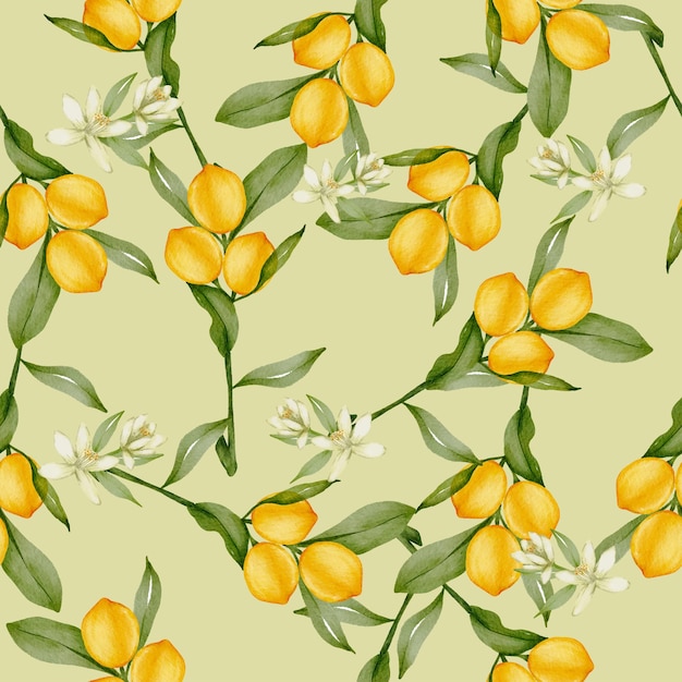 녹색 잎을 가진 전체 레몬 감귤 노란색 과일의 완벽 한 패턴