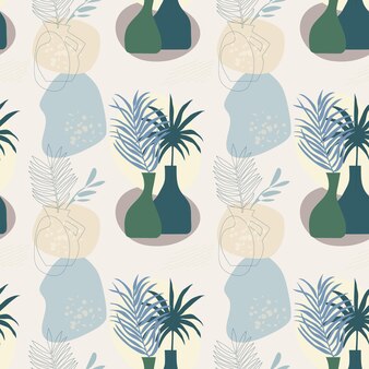 Seamless pattern with abstract composition of simple shapes tropical palm leaves in a vase