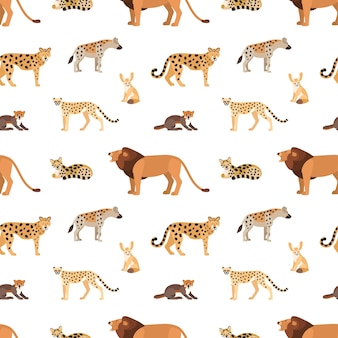 흰색 바탕에 아프리카와 미국 동물과 함께 완벽 한 패턴입니다. 사바나와 사막에 사는 야생 포식자들이 있는 배경. 섬유 인쇄에 대 한 평면 만화 스타일의 컬러 벡터 일러스트 레이 션.