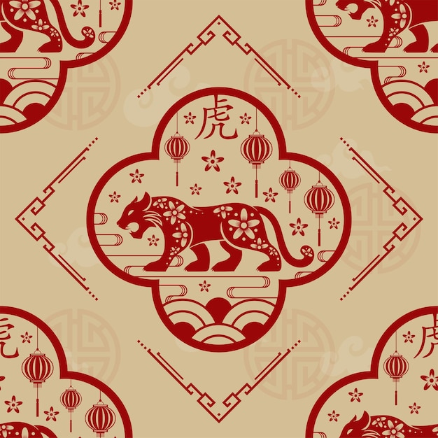 Seamless pattern with asian elements on color background for happy chinese new year of the tiger 2022, flyers, poster and banner, (translate : chinese happy new year, 2022)