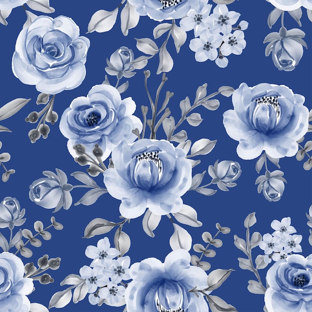 Seamless pattern with beautiful blue navy flower leaves