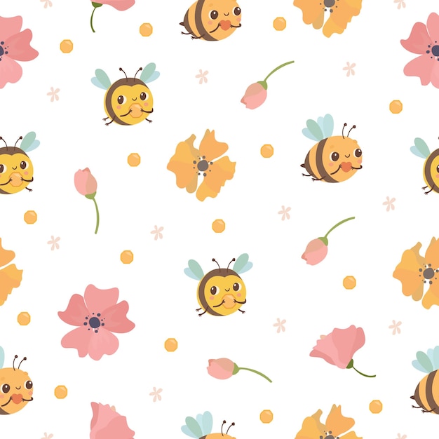 Seamless pattern with bees and flowers