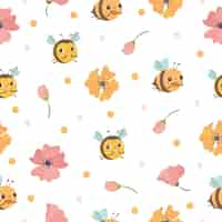 Free vector seamless pattern with bees and flowers