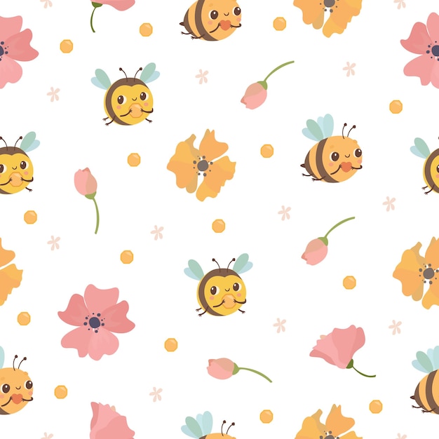 Бесшовный фон с пчелами и цветами