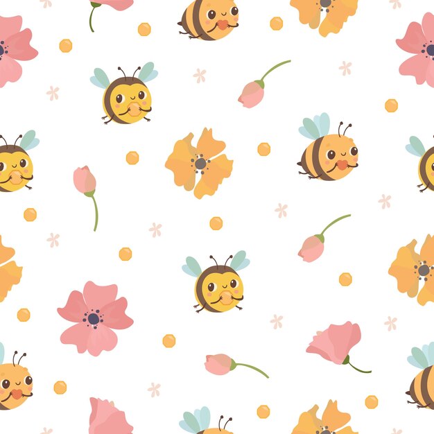 Бесшовный фон с пчелами и цветами