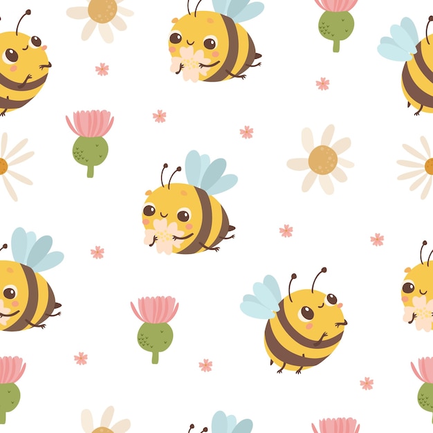 Free vector seamless pattern with bees and flowers