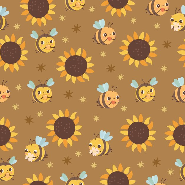 seamless pattern with bees and sunflowers