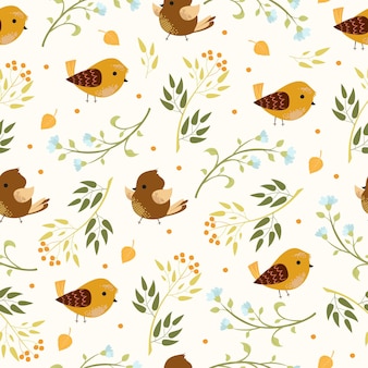 Seamless pattern with birds and plants