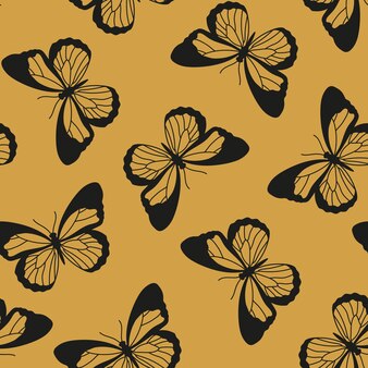 黒​蝶​と​黄色​の​背景​と​の​シームレス​な​パターン