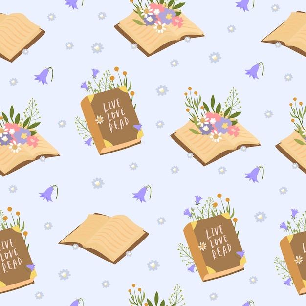 Seamless pattern with books and flowers