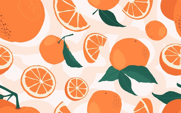 Seamless pattern with branches of oranges on a beige background.